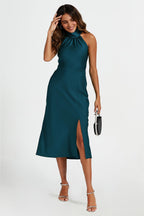 Satin Halter Neck Tie Back Midi Dress In Teal