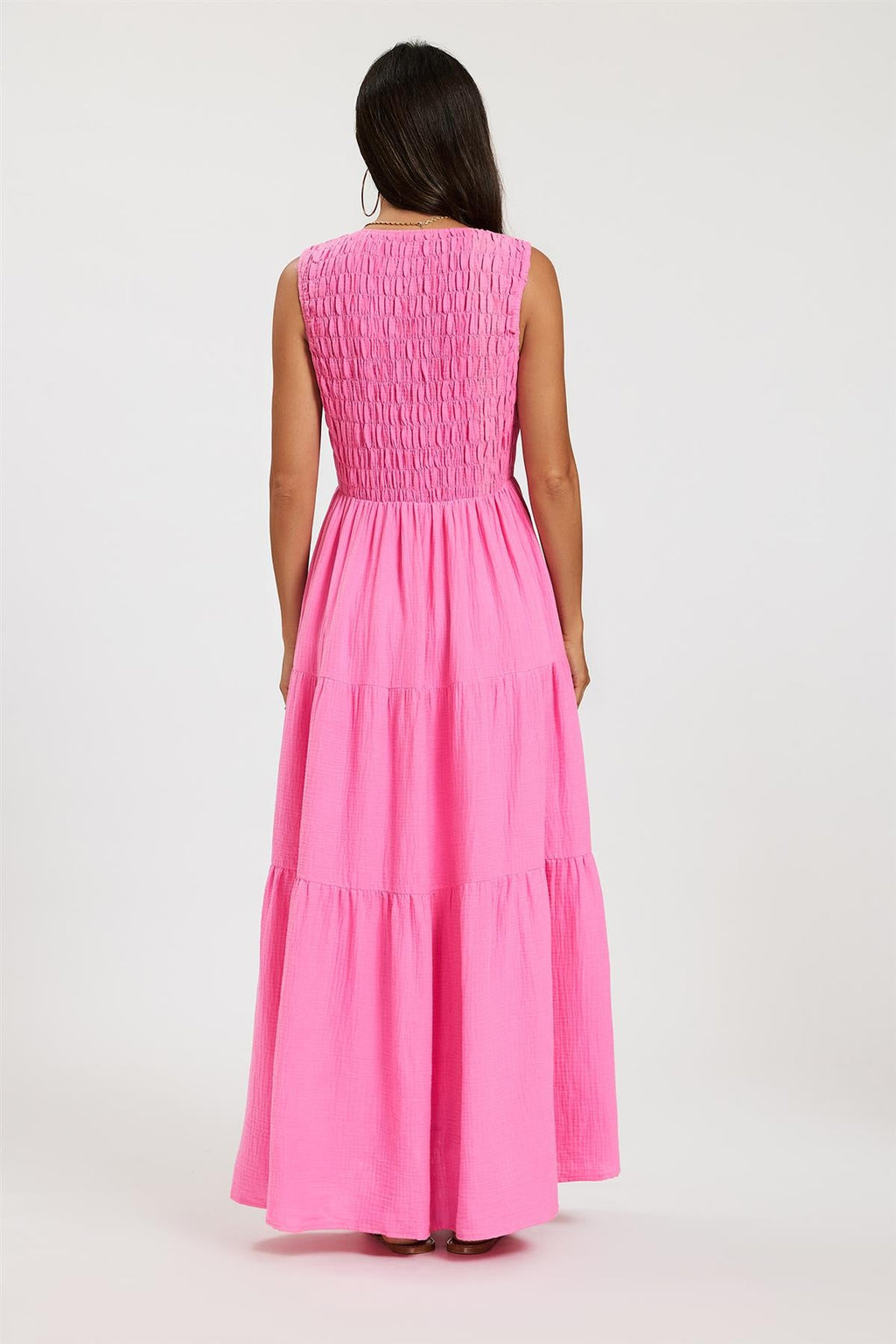 Shirred Tiered Maxi Dress with Sleeveless V-Neck