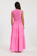 Shirred Tiered Maxi Dress with Sleeveless V-Neck