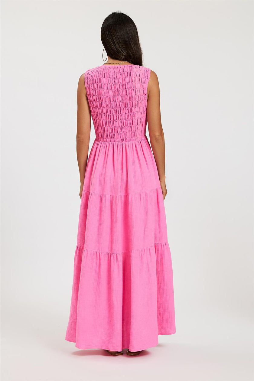 Robe longue étagée froncée sans manches à col en V