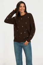 Embroidered Floral Knit Jumper Top In Brown