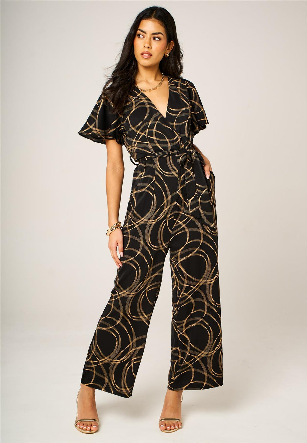 Abstract Line Print Wrap Top Jumpsuit In Black