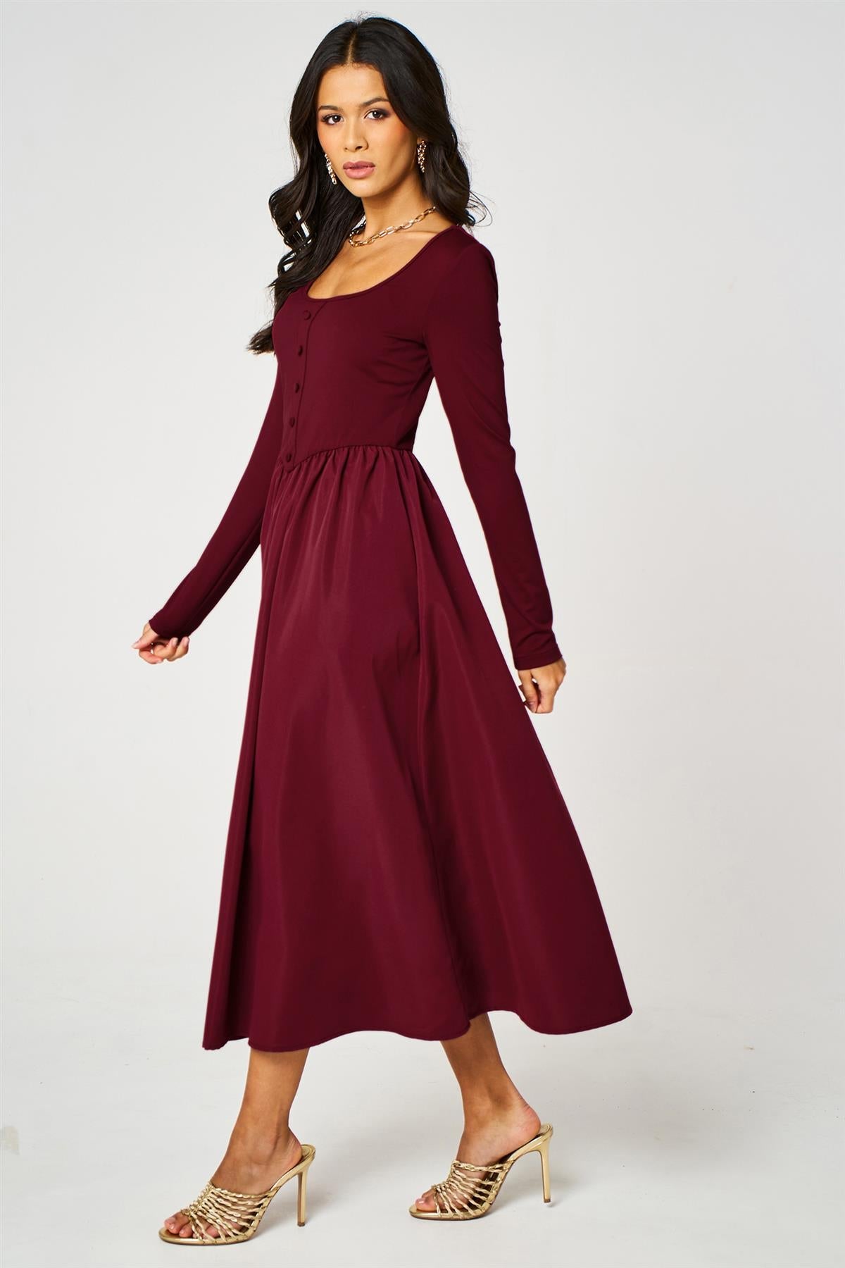 Burgundy Square Neck Button-Front Long Sleeve Midi Dress