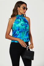 Abstract Floral Print Halter Neck Tie Back Top In Blue