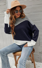 Navy & White Block Colour Jumper Top In Grey