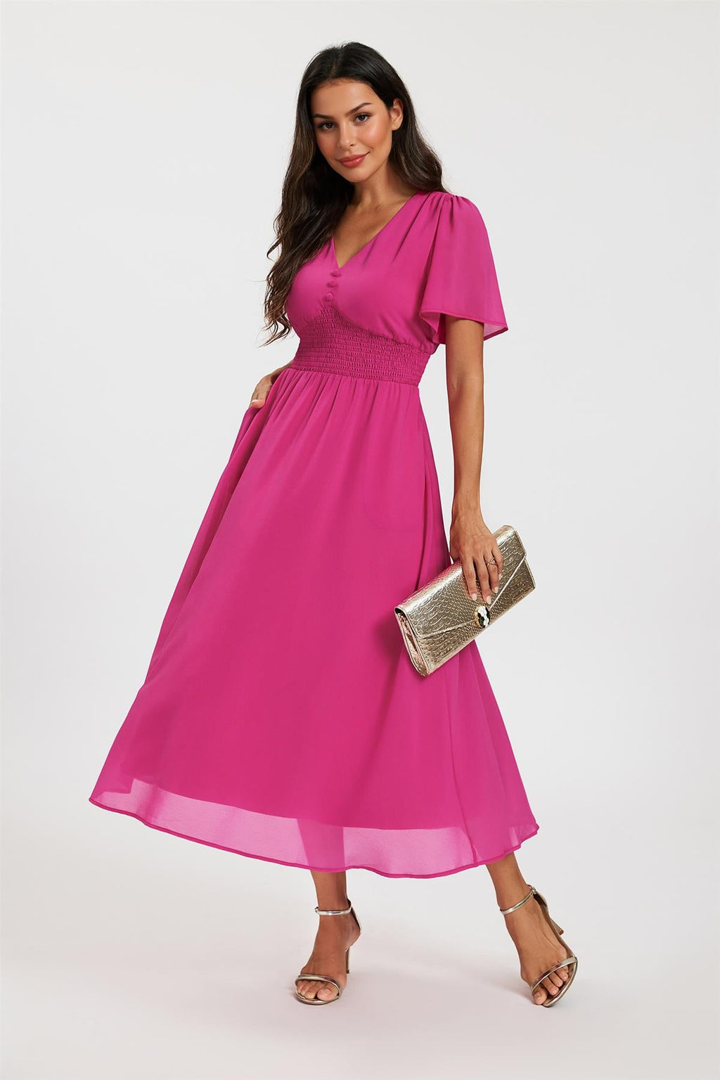 Fuchsia V Neckline Shirred Waist Midi Dress