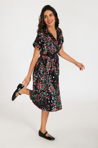 Black Floral Shirt Midi Dress with Tie Waist and Short Sleeves
