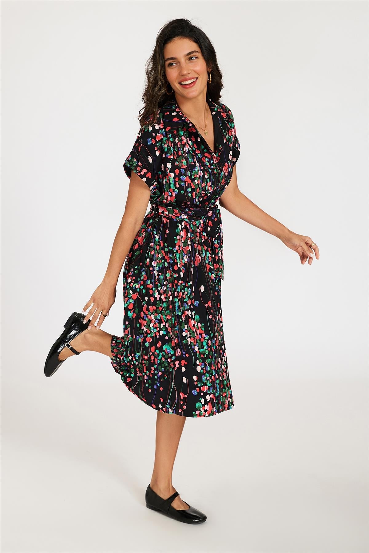 Black Floral Shirt Midi Dress with Tie Waist and Short Sleeves