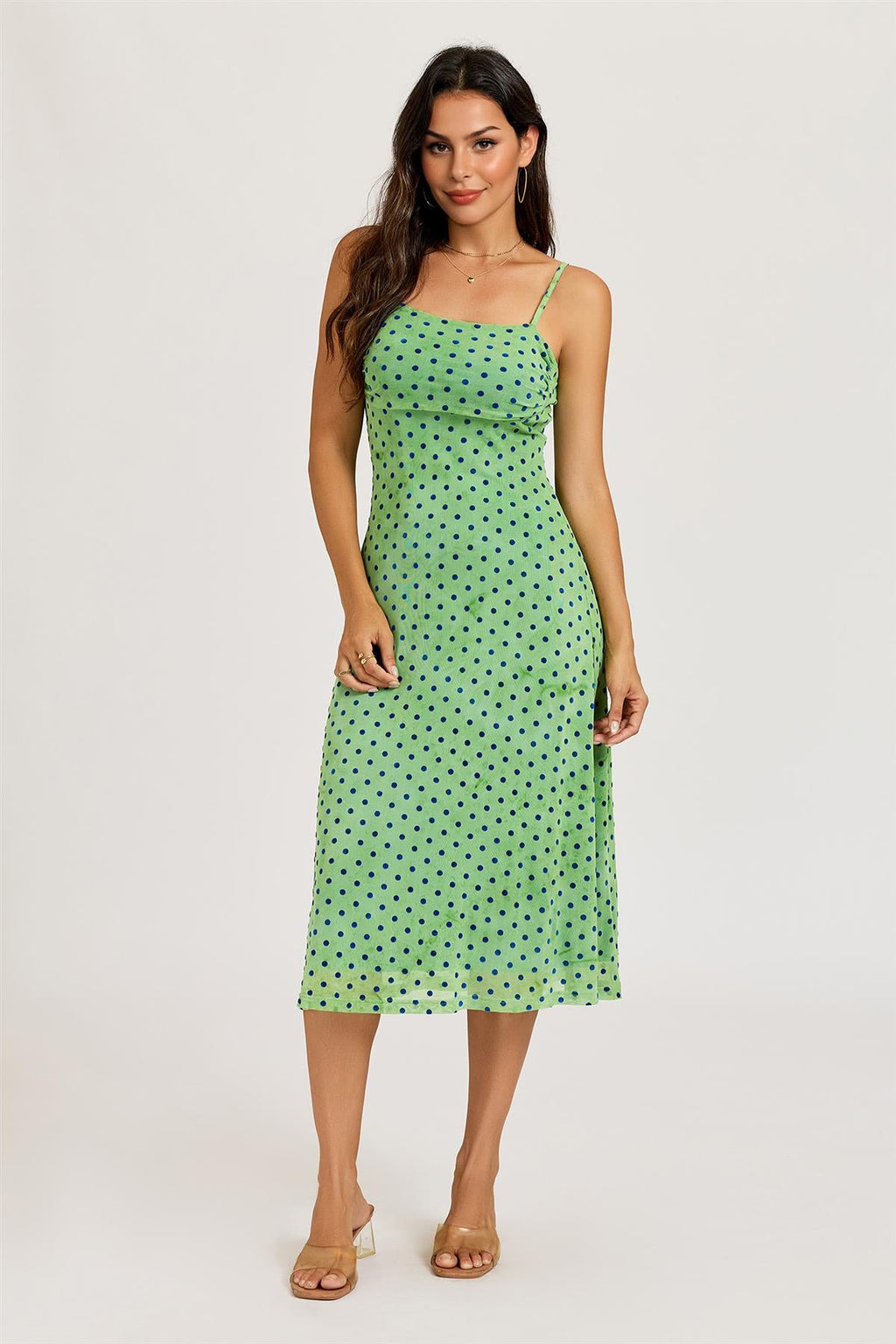 Mottled Effect Devore Polka Dot Mesh Cami Midi Dress In Green