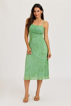 Mottled Effect Devore Polka Dot Mesh Cami Midi Dress In Green