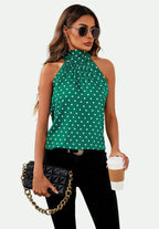Polka Dot Print Halter Neck Tie Back Top In Green