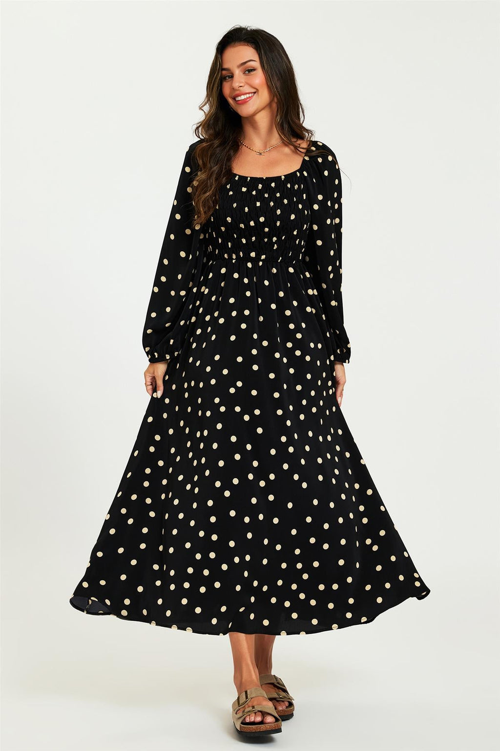 Polka Dot Square Neck Maxi Dress In Black