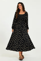 Polka Dot Square Neck Maxi Dress In Black