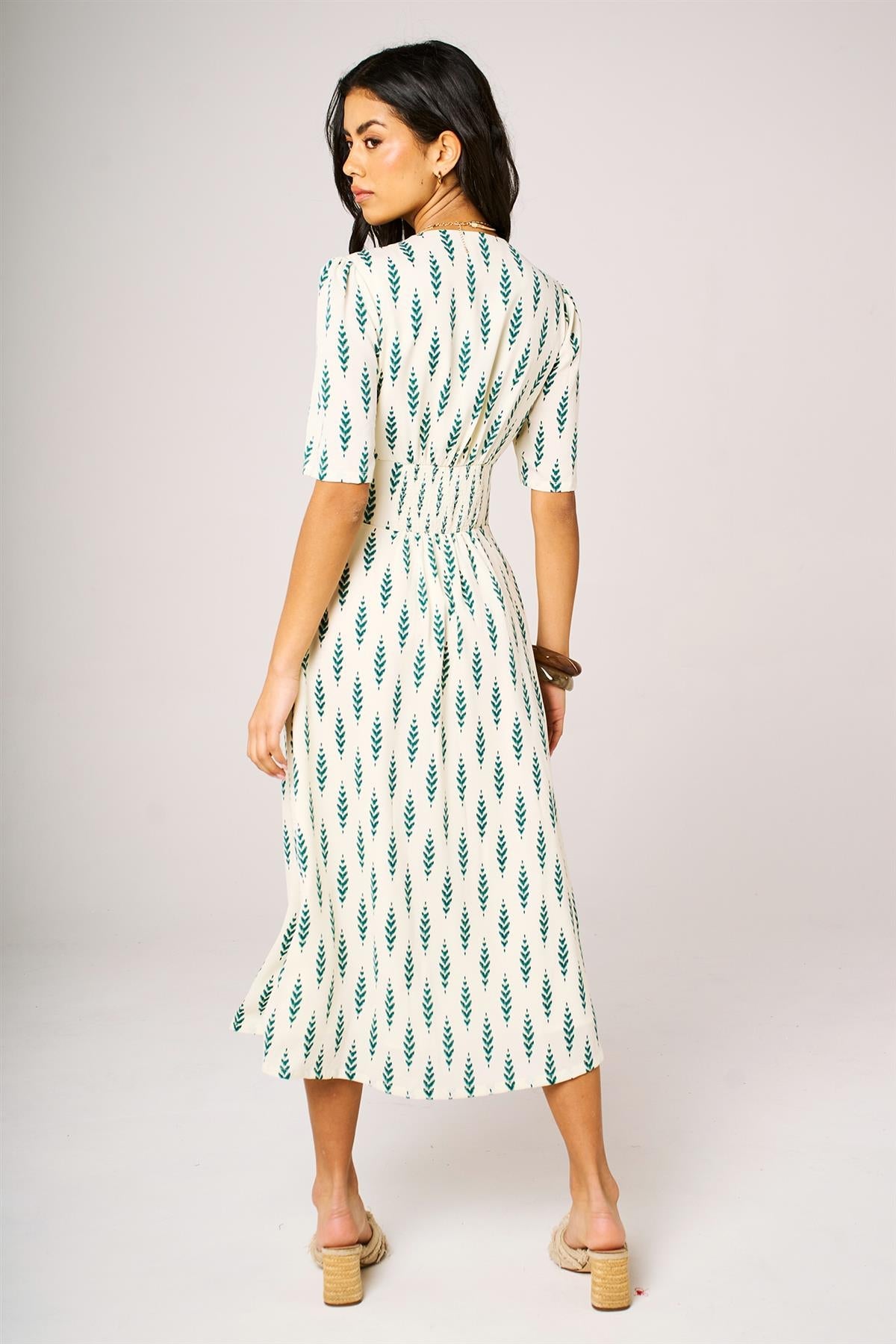 Green Leaf Print Button Front Midi Dress In White