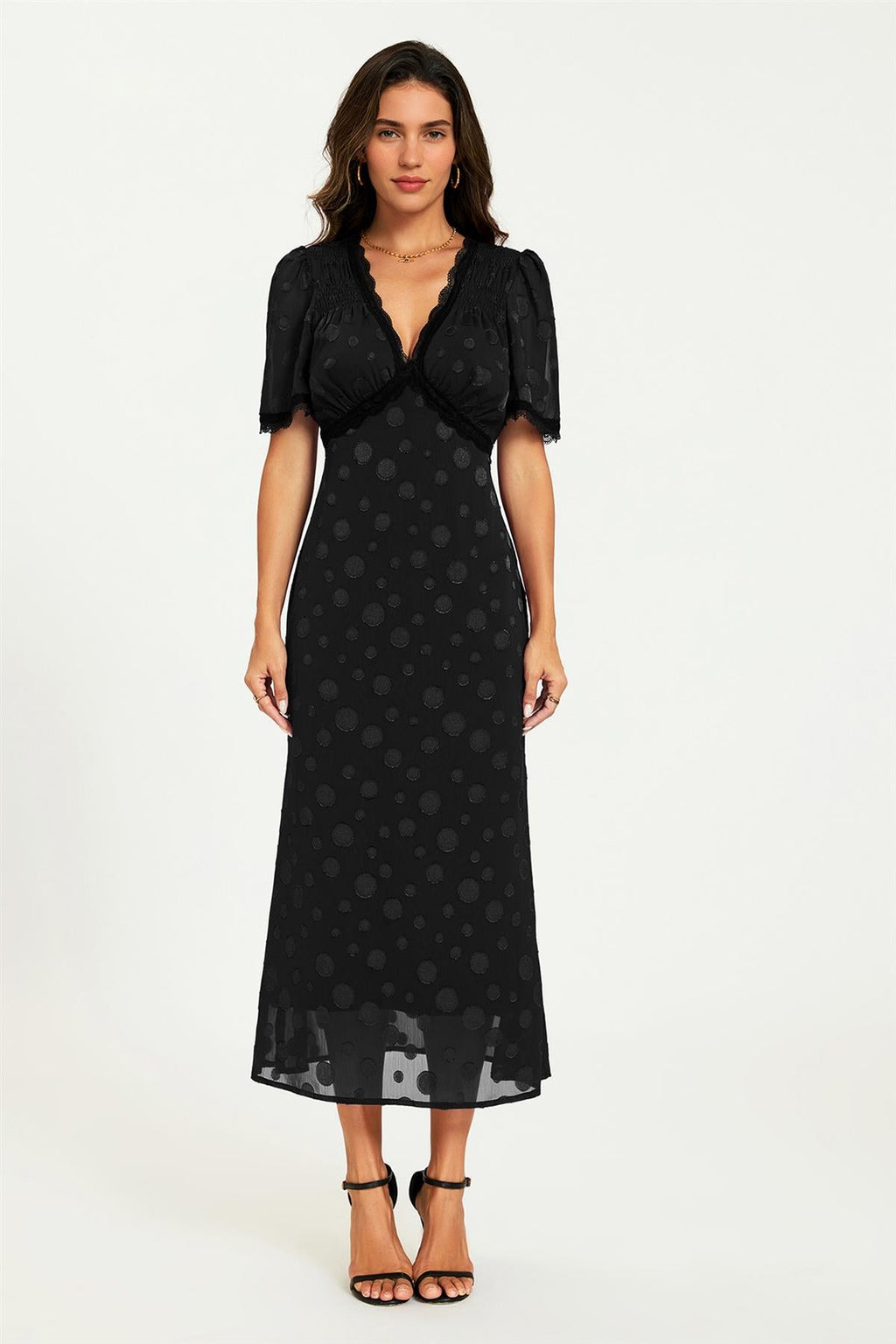 Polka Dot Jacquard Lace Trim Midi Dress In Black