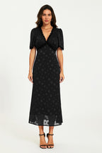 Polka Dot Jacquard Lace Trim Midi Dress In Black