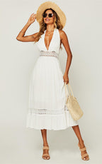 V Neck Back Tie Detail Lace Midi Dress In Ivory White