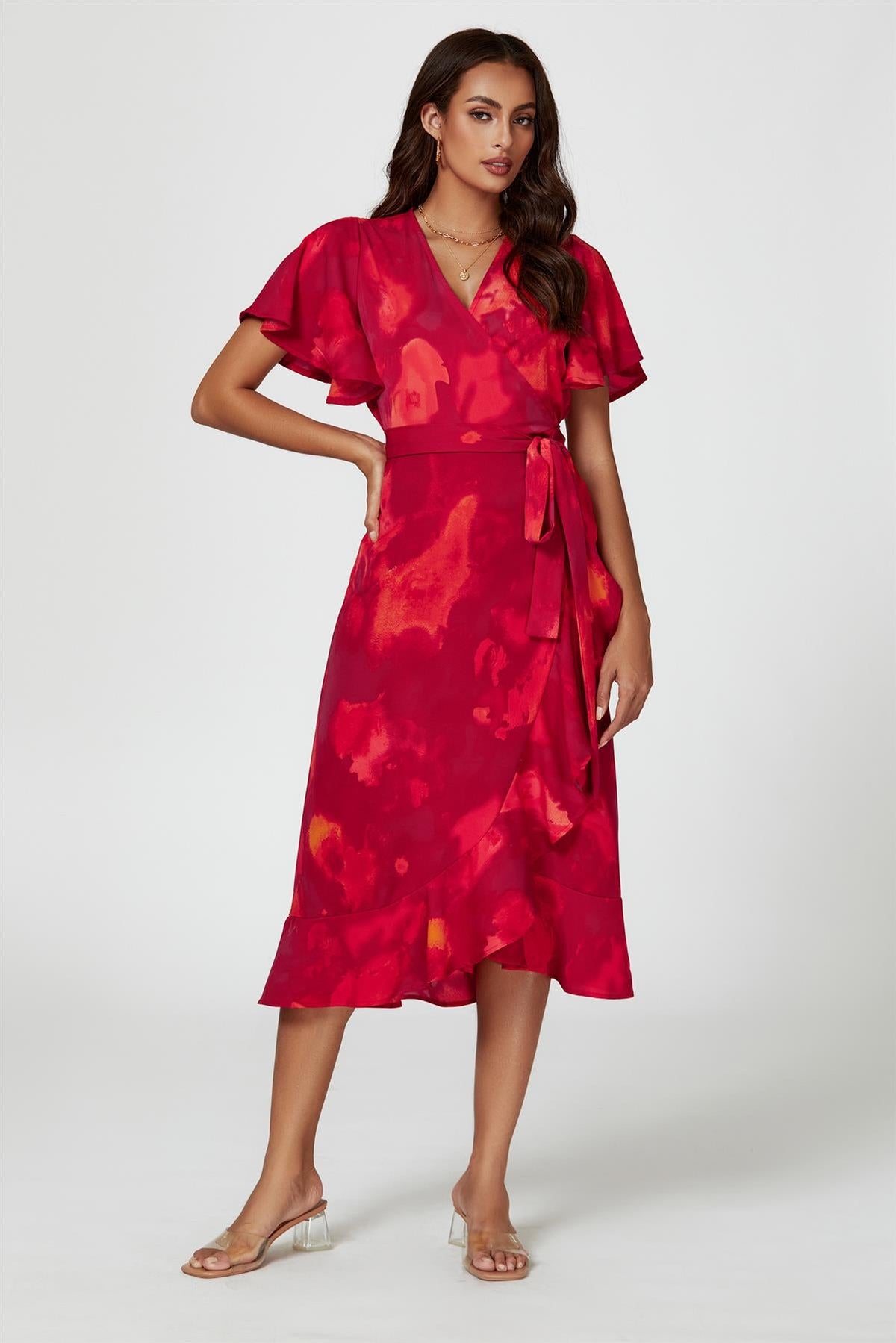 Robe midi portefeuille à manches ange et imprimé abstrait rouge