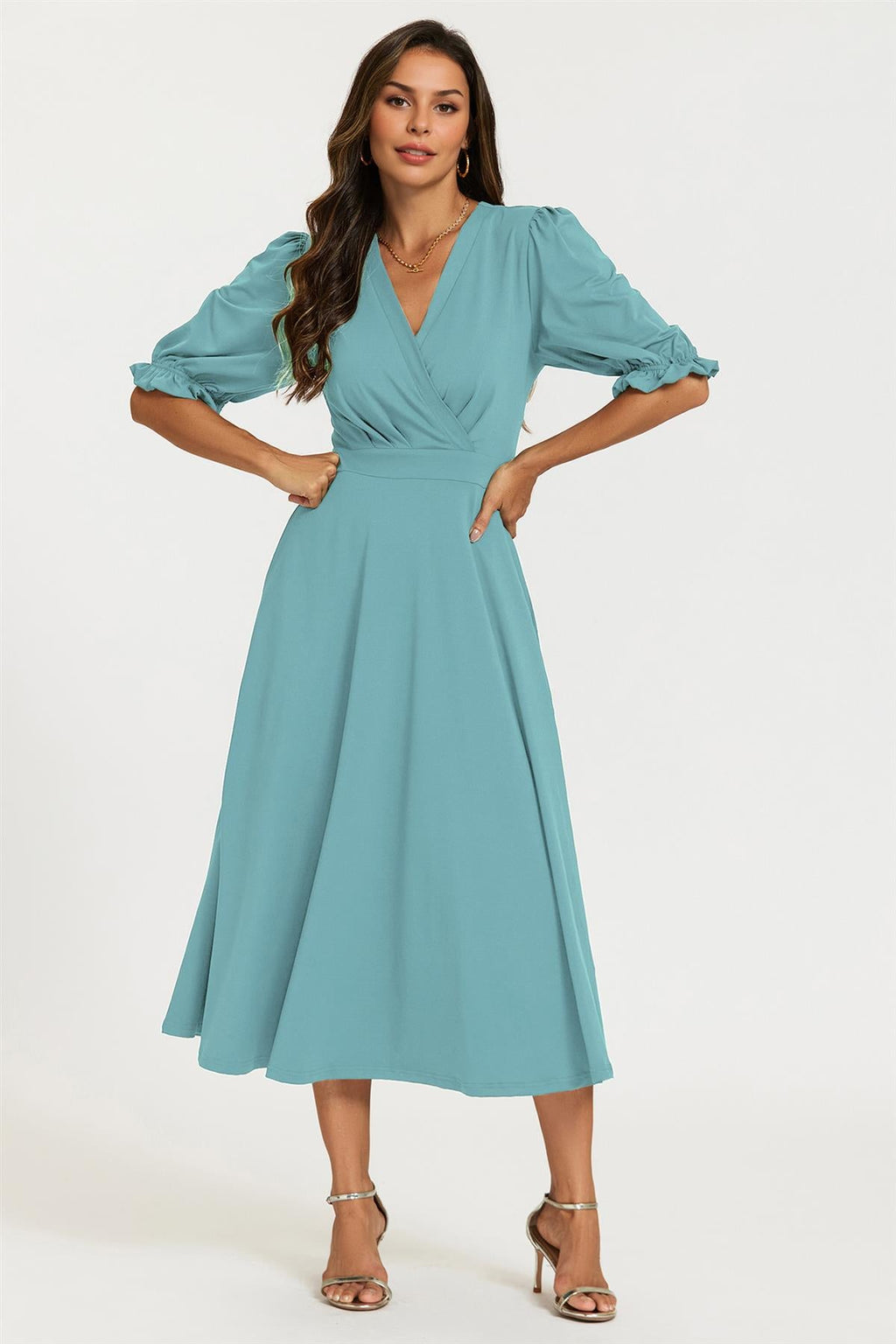 Half Sleeves Jersey Midi Dress with Wrap Neckline In Grey Blue