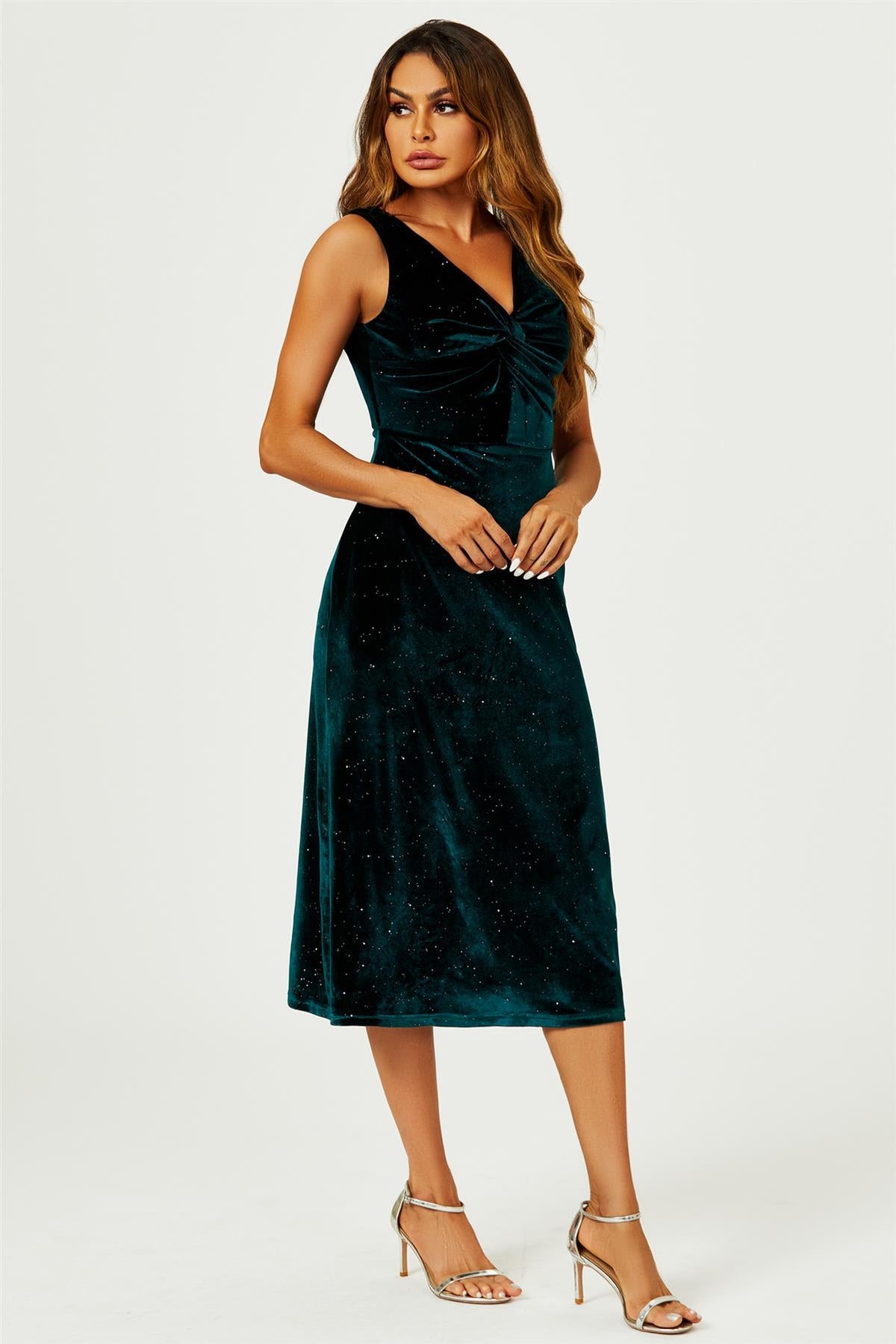 Robe midi vert émeraude en velours scintillant argenté avec nœud sur le devant