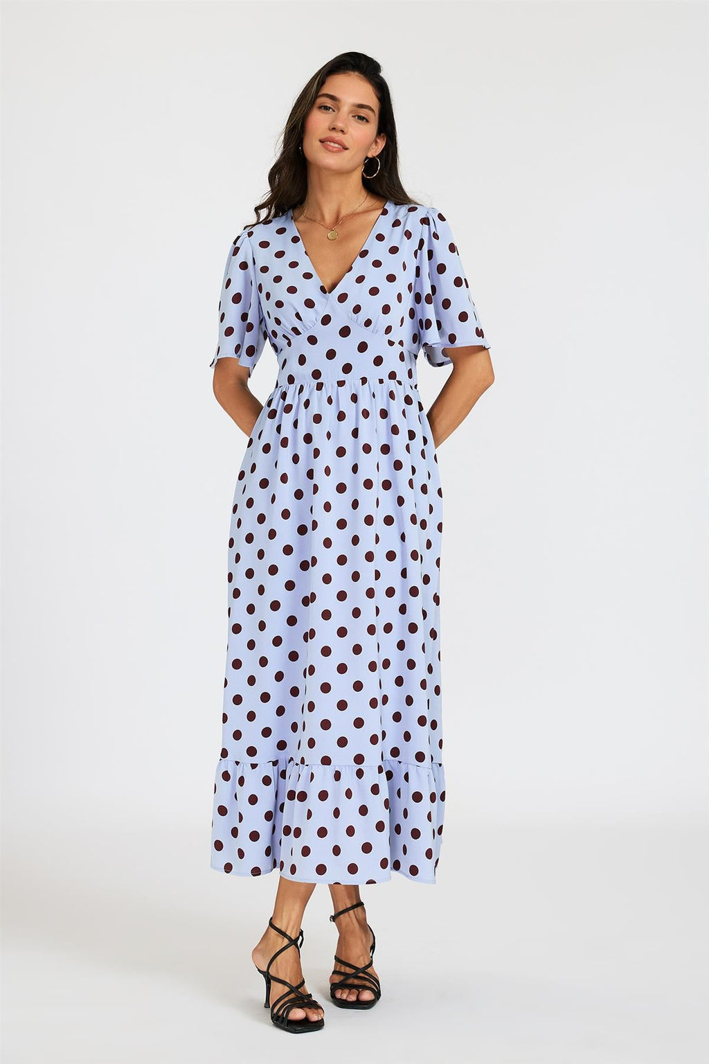 Polka Dot Print Angel Sleeve V Neck Frill Hem Midi Dress In Blue