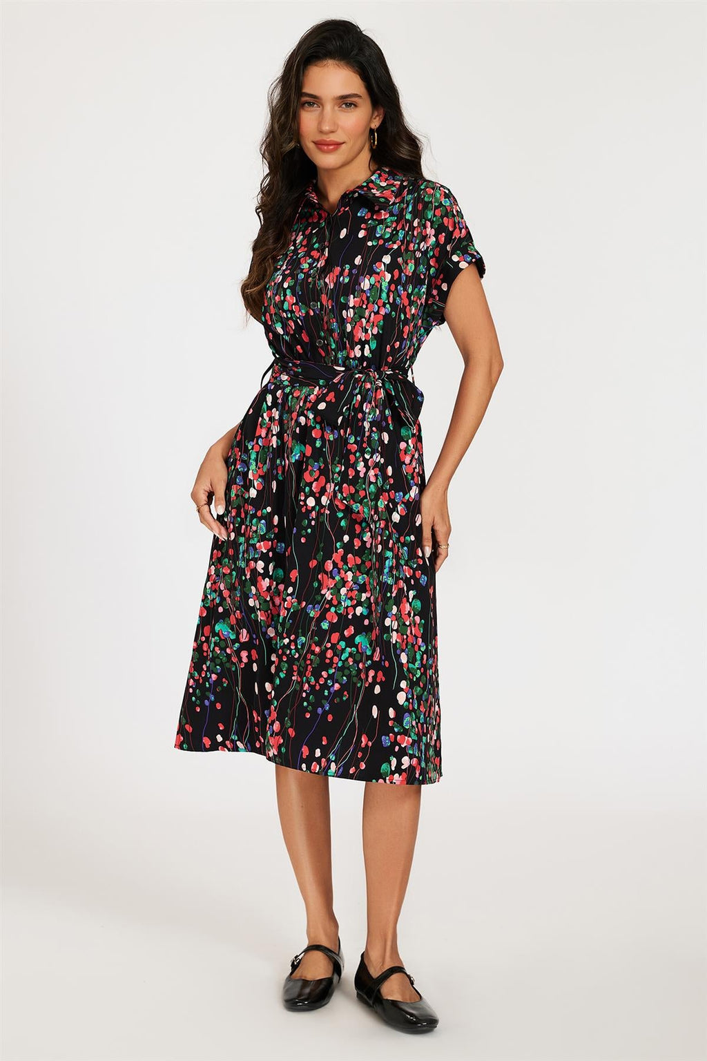 Black Floral Shirt Midi Dress with Tie Waist and Short Sleeves