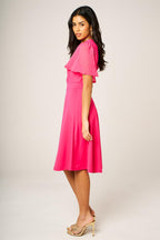Angel Sleeve Pleated Detail Midi Dress In Hot Pink