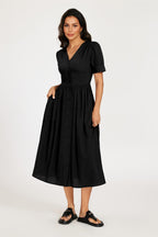 Button Front Short Sleeve Midi Dress In Black