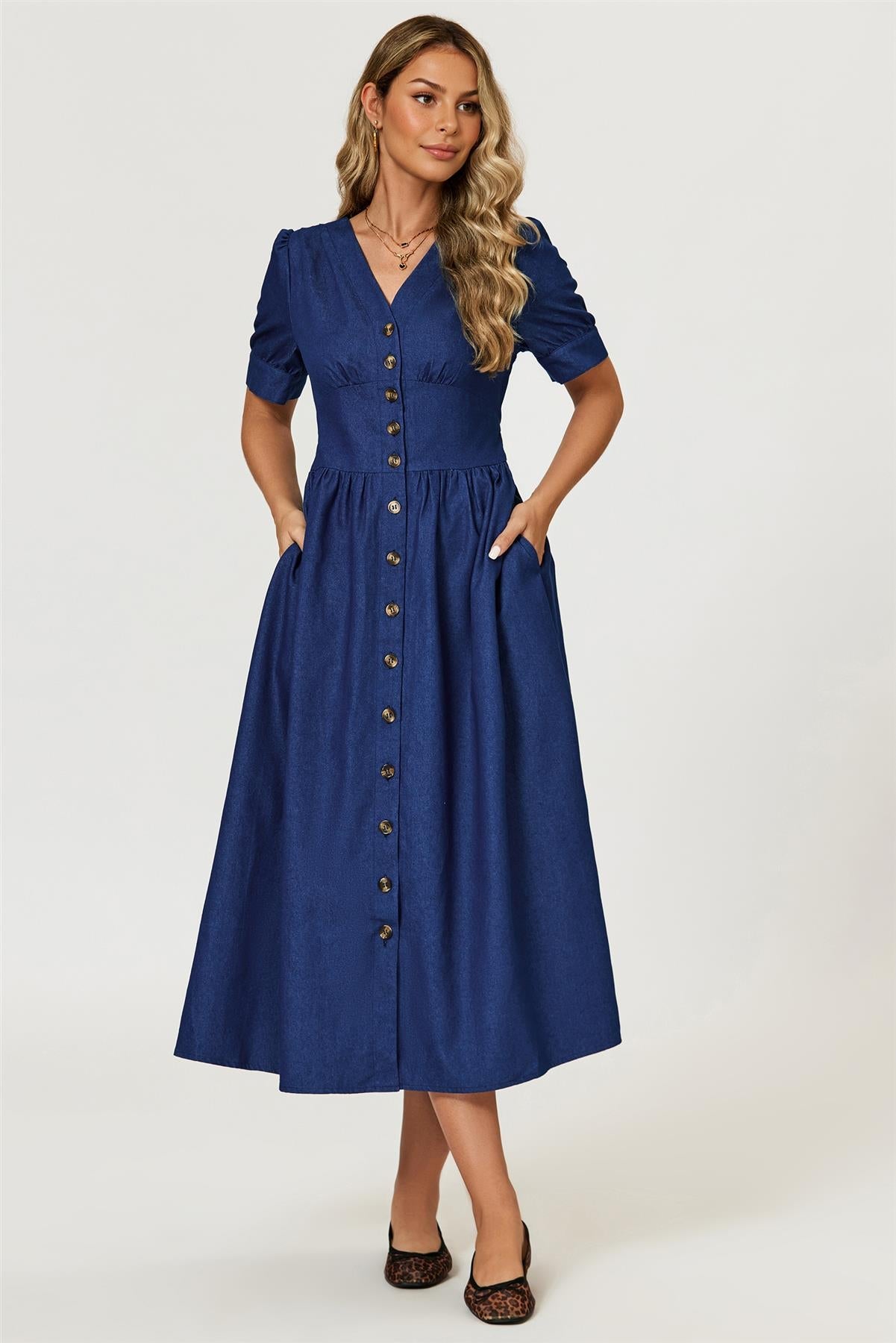 Denim Midi Dress In Blue
