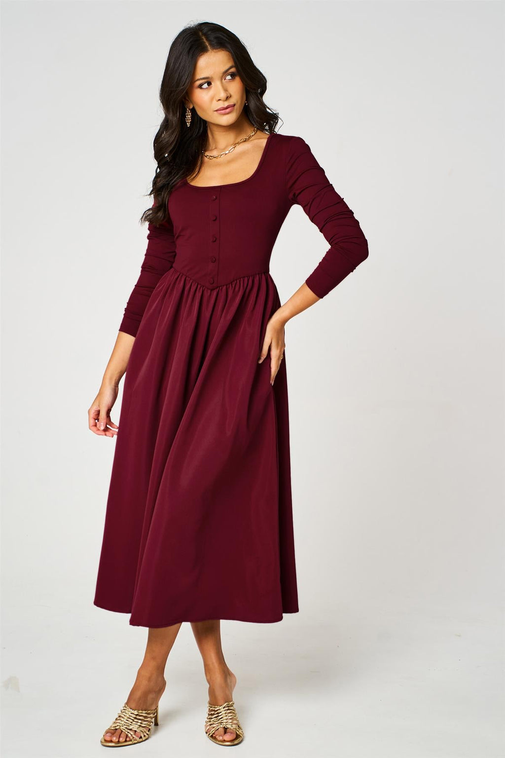 Long Sleeve Button Detail Midi Dress In Wine