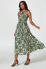 Green & Beige Floral Print Tie Halterneck Maxi Dress