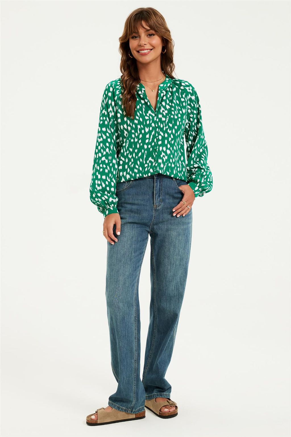 Brushstroke Print long sleeve Blouse Top In Green