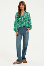 Brushstroke Print long sleeve Blouse Top In Green
