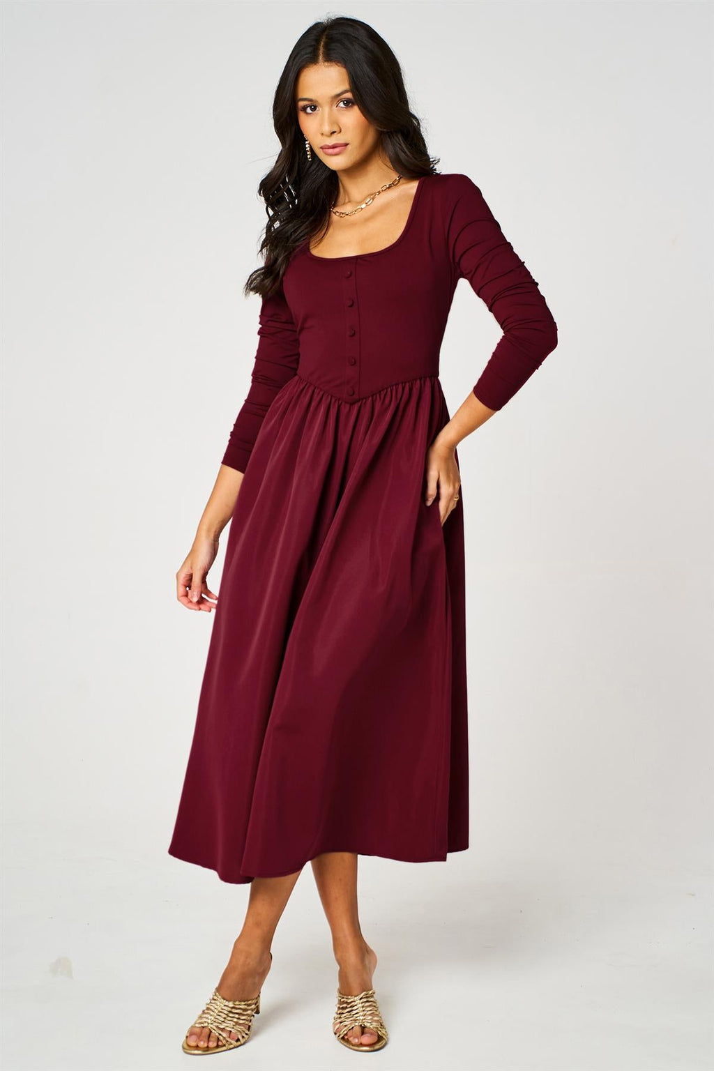 Long Sleeve Button Detail Midi Dress In Wine