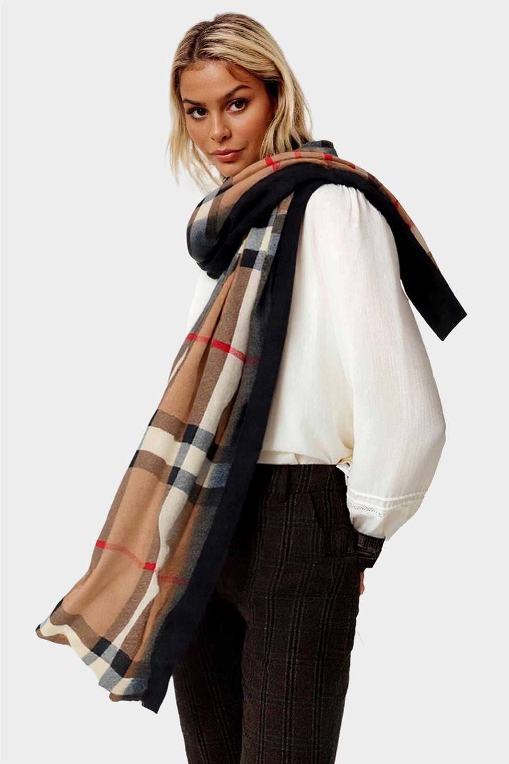 Check Print Scarf In Black & Beige