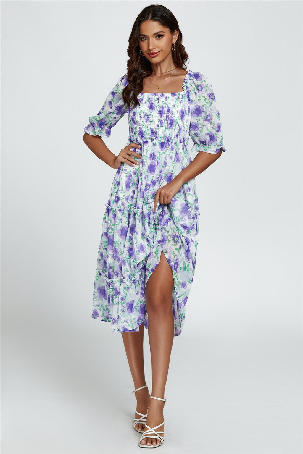 Floral Print Bardot Puff Sleeve Elasticated Detail Midi Dress In White