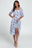 Floral Print Bardot Puff Sleeve Elasticated Detail Midi Dress In White