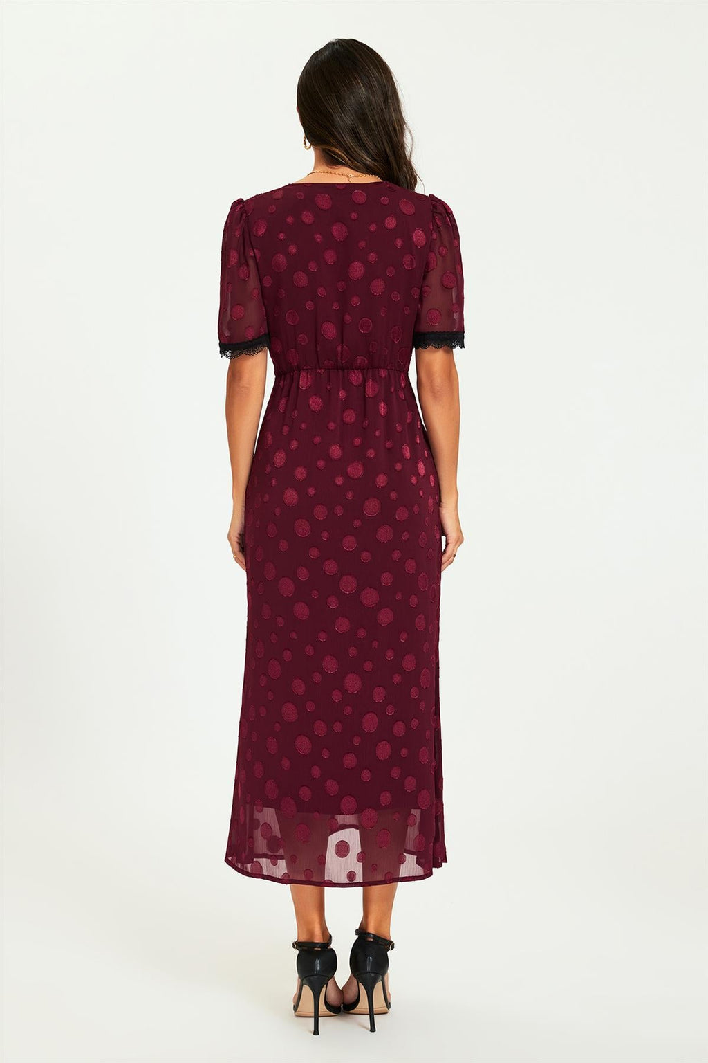 Polka Dot Jacquard Lace Trim Midi Dress In Wine