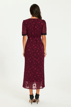 Polka Dot Jacquard Lace Trim Midi Dress In Wine