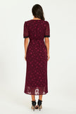 Polka Dot Jacquard Lace Trim Midi Dress In Wine