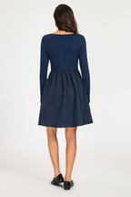 Square Neck Button Detail Long Sleeve Mini Dress In Navy