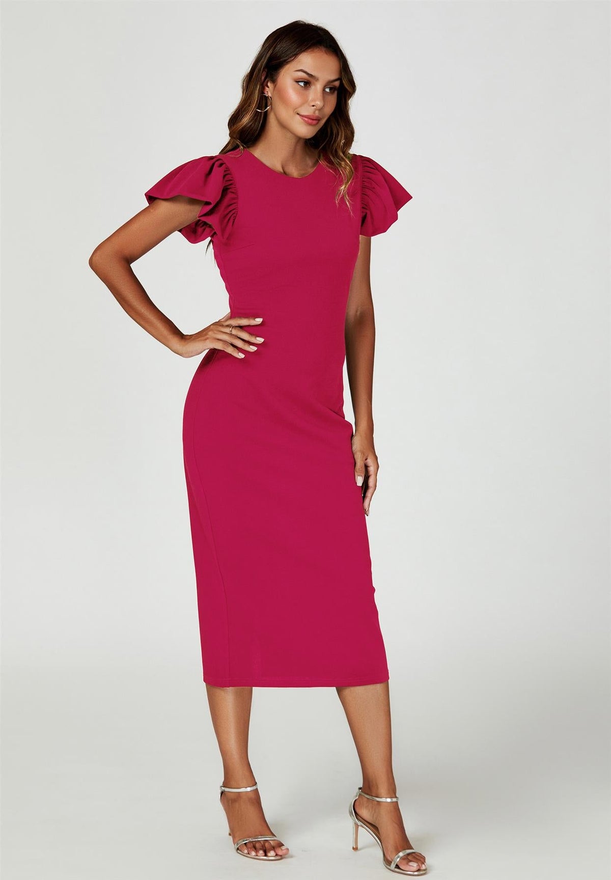 Robe midi moulante fuchsia à manches ballon