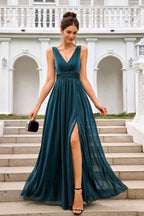 Sparkly V Neck Bridesmaid Maxi Dress In Teal