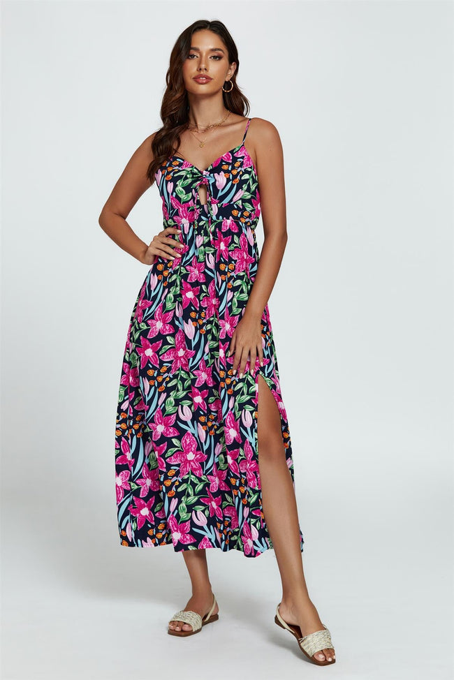 Robe longue à imprimé floral et nouée sur le devant, noire
