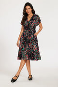 Black Floral Shirt Midi Dress with Tie Waist and Short Sleeves