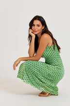 Mottled Effect Devore Polka Dot Mesh Cami Midi Dress In Green
