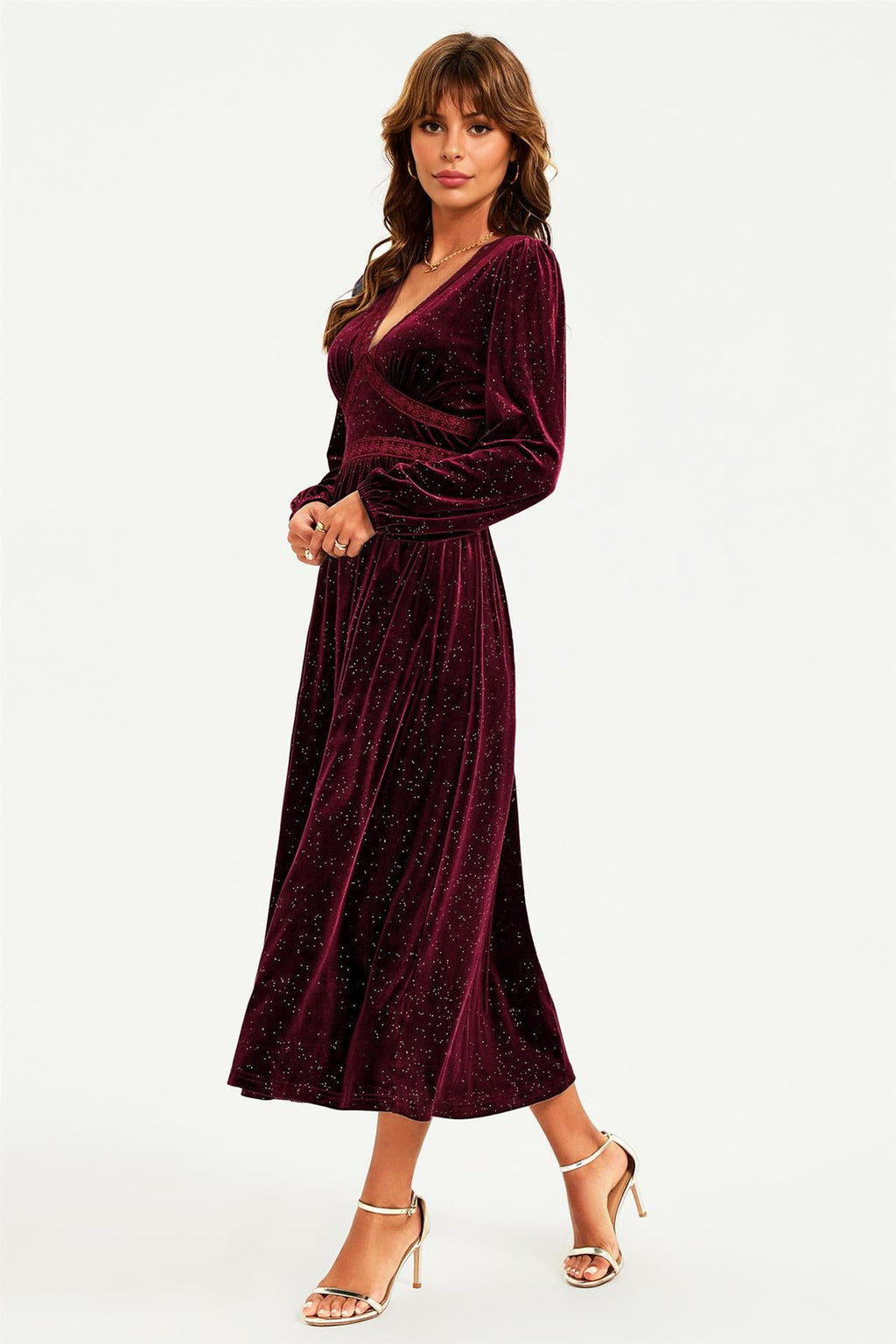 Silver Foil Velvet Lace Trim Neckline Midi Dress In Wine