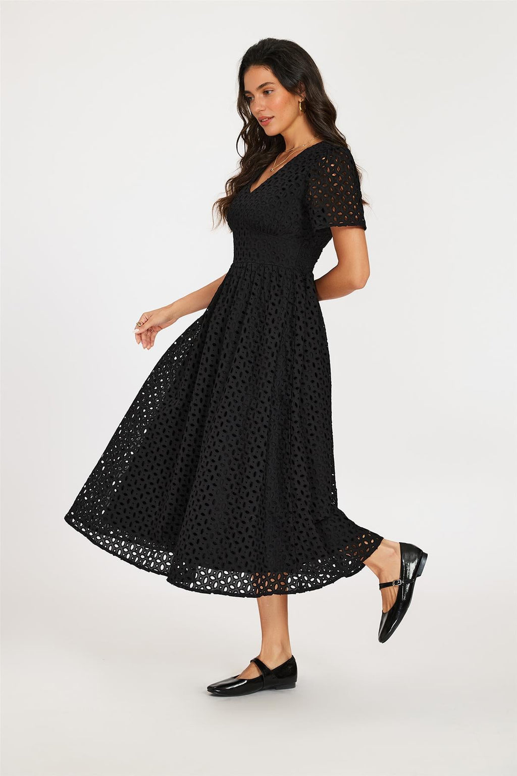 Broderie Anglaise Midi Dress In Black