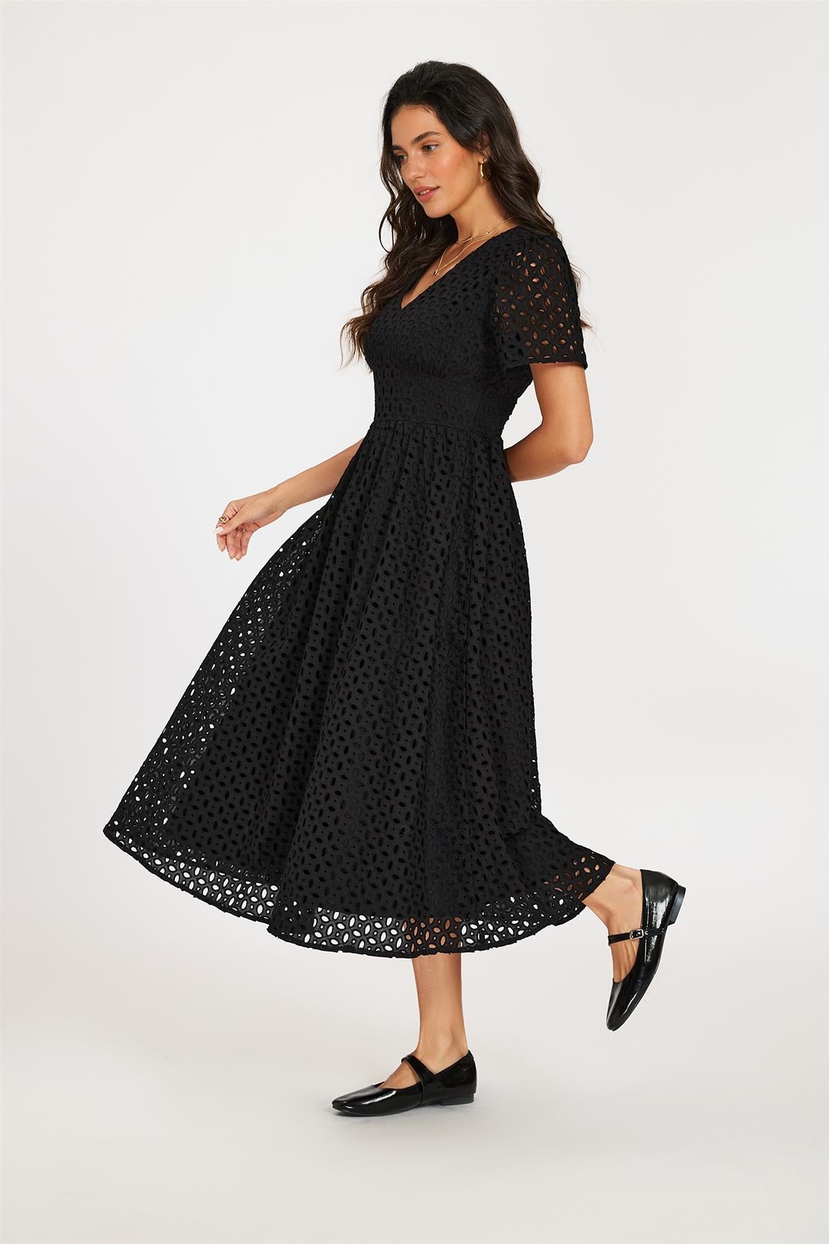 Broderie Anglaise Midi Dress In Black