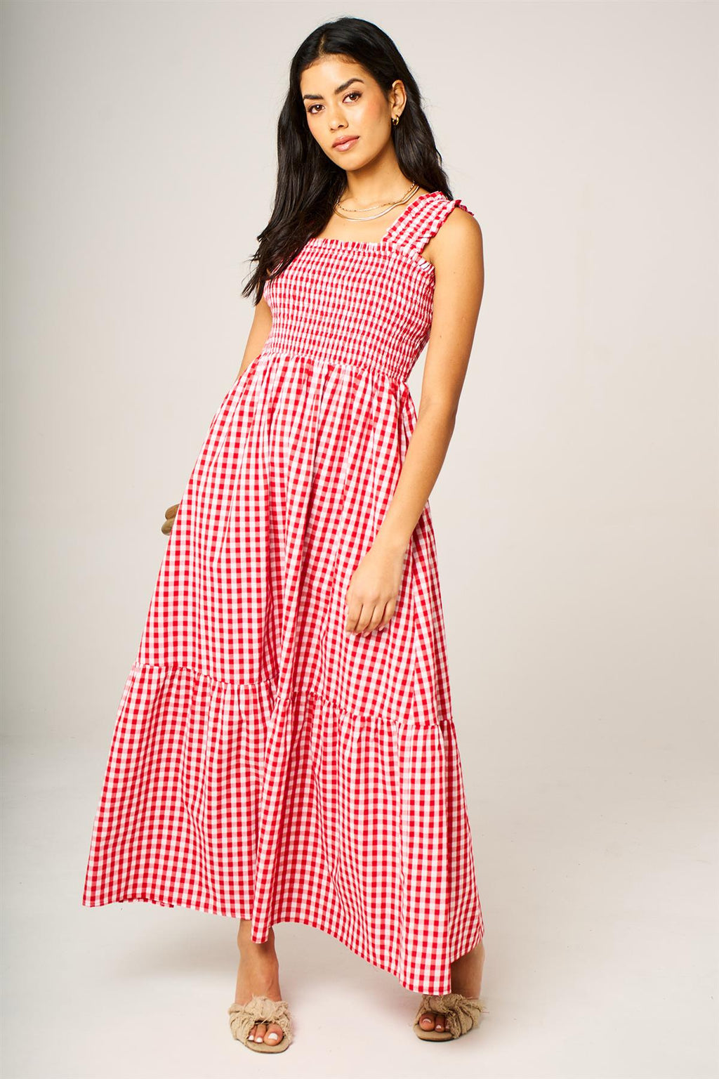 Check Print Hem Detail Maxi Dress In Red